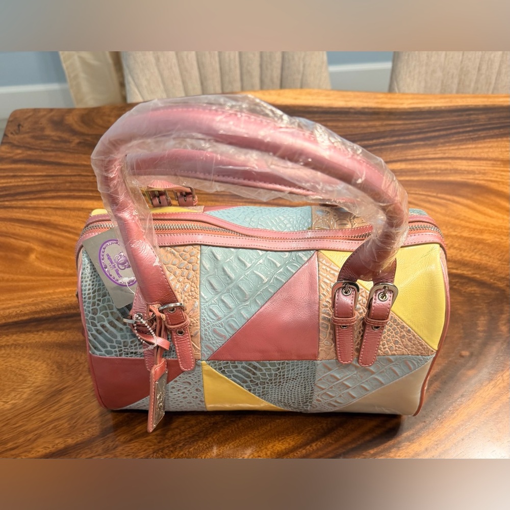 Sharif Multicolor Patchwork Leather Satchel - Coral, Yellow, Beige - Picture 8 of 16